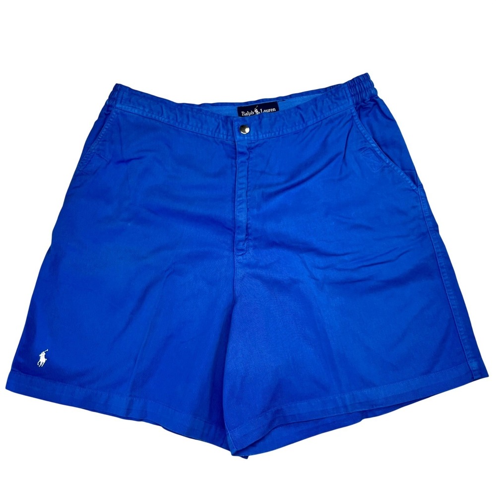 Vintage Ralph Lauren Mens Cobalt Blue Chino Shorts Elastic Waist Large‎ Made USA